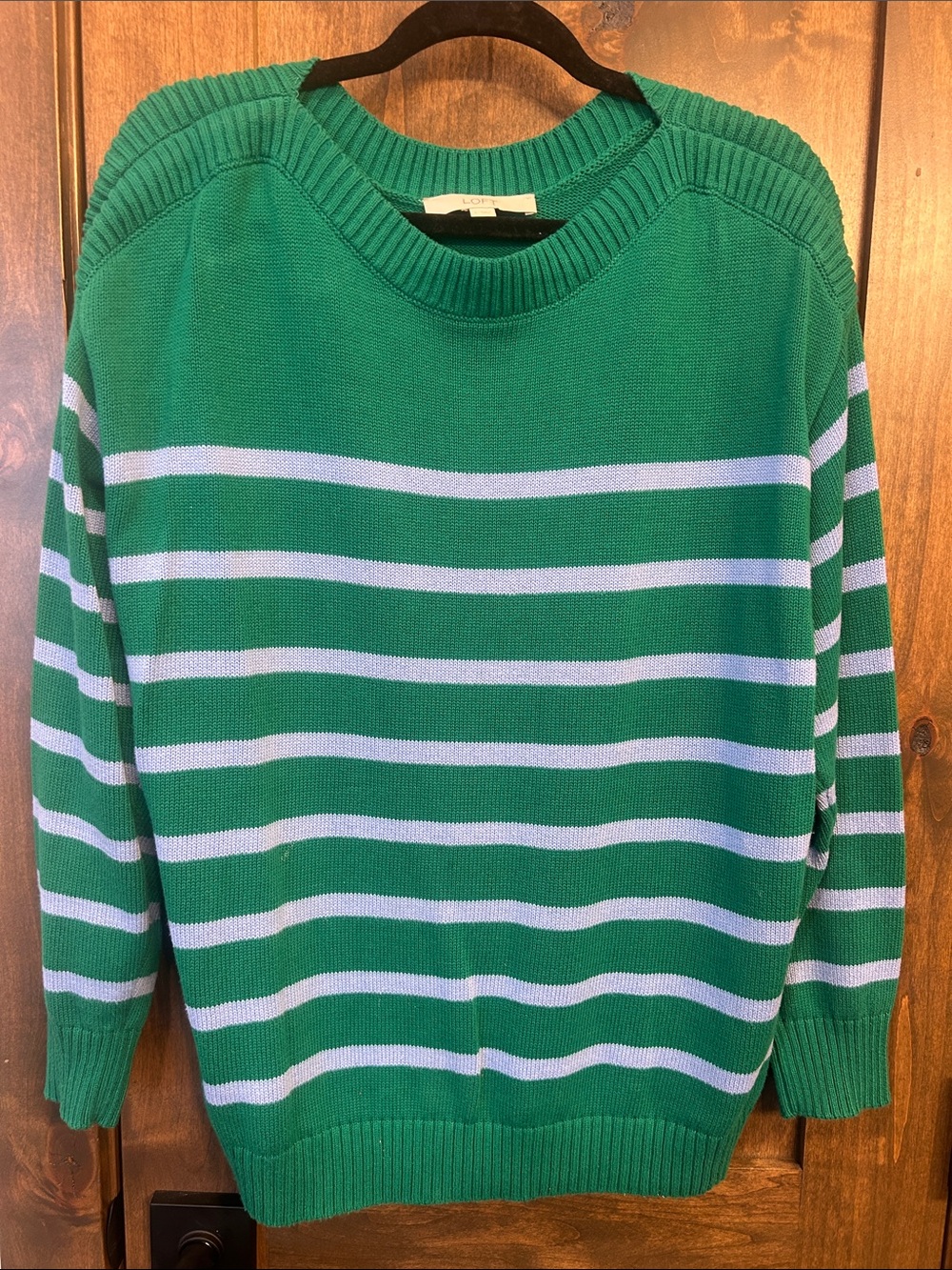 LOFT Green and White Striped Crewneck Sweater